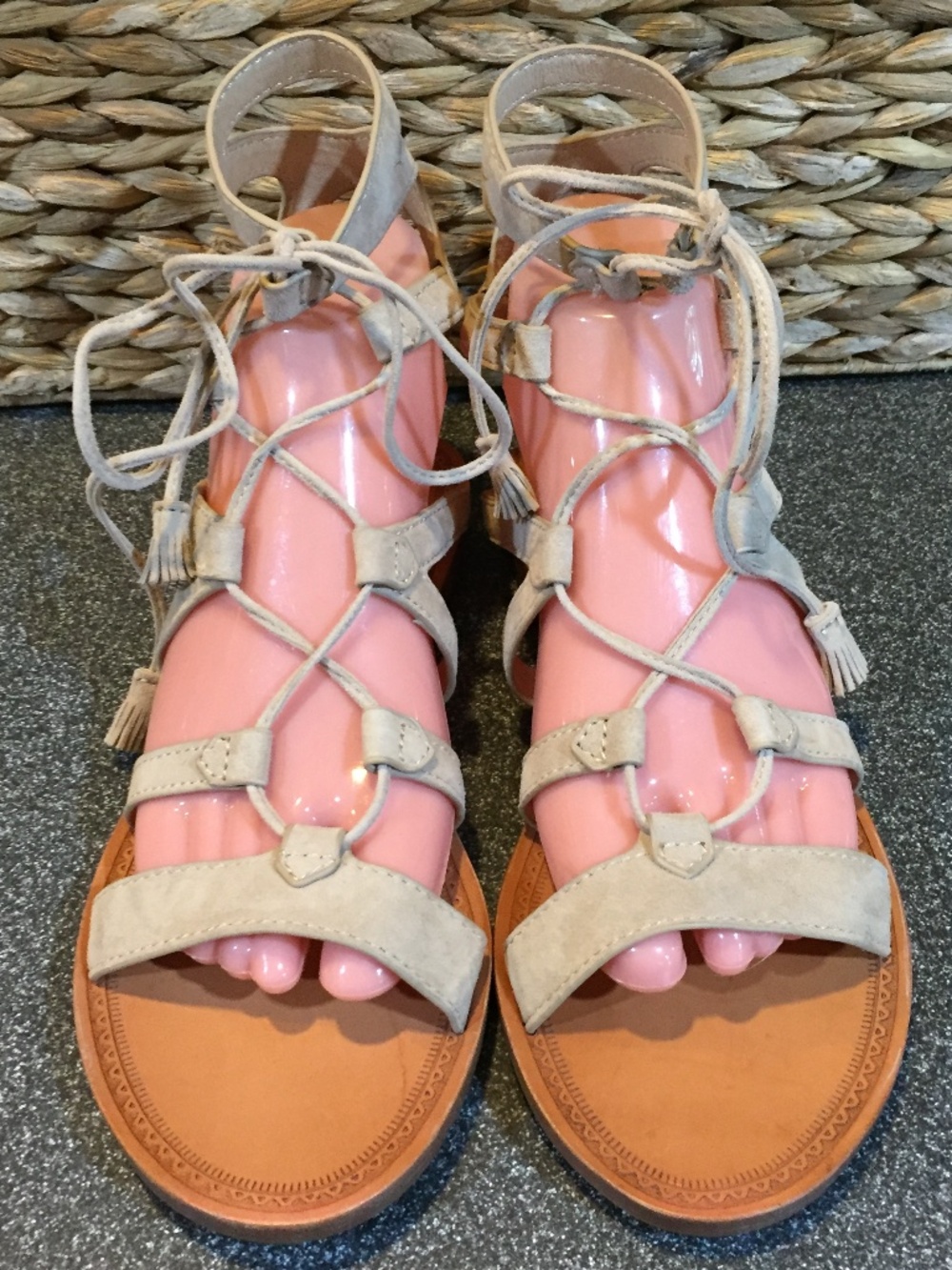 Frye Gray/ Tan Lace-Up Gladiator Sandals